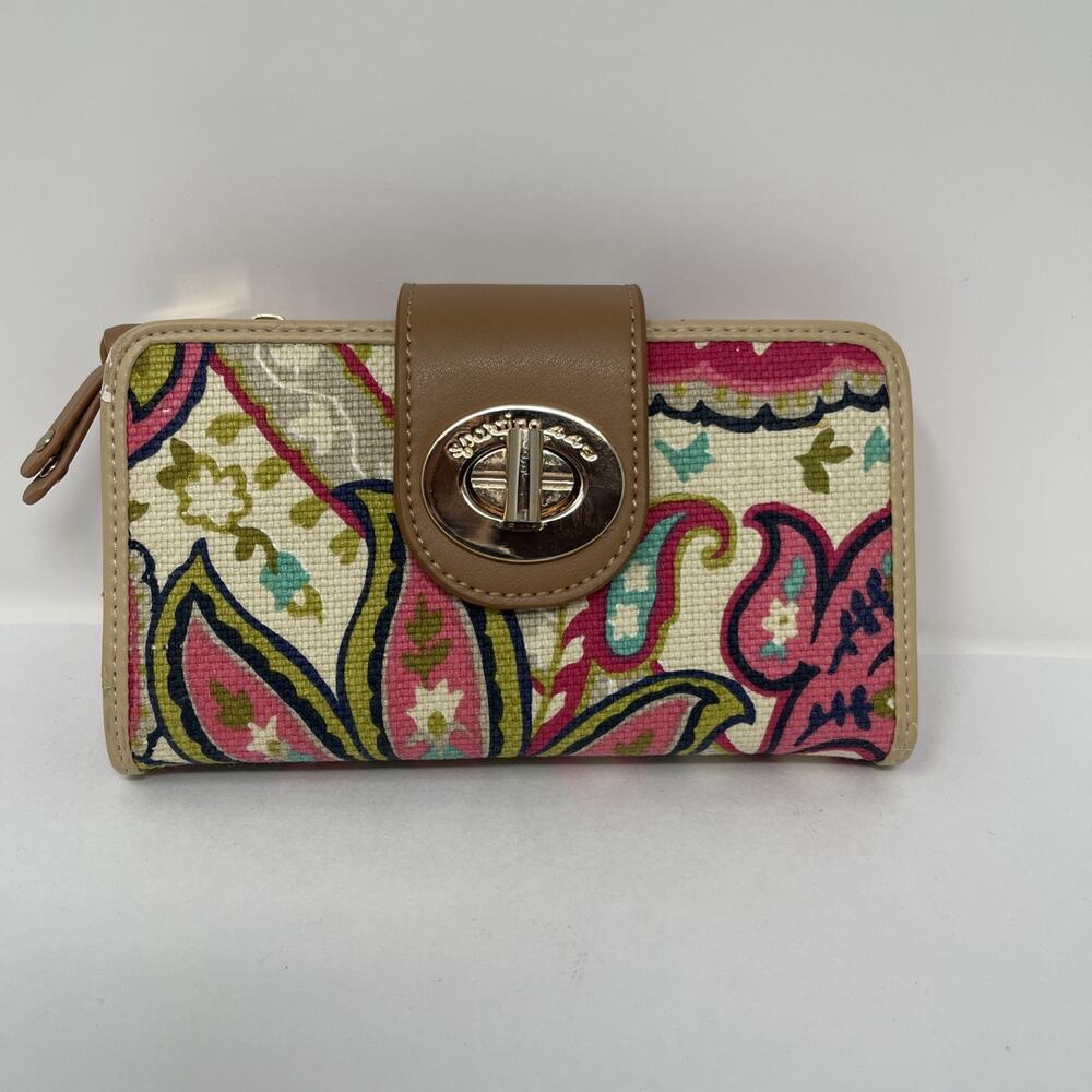 Spartina Wallet Pink Paisley Turn Lock Brown Leather New With Flaws